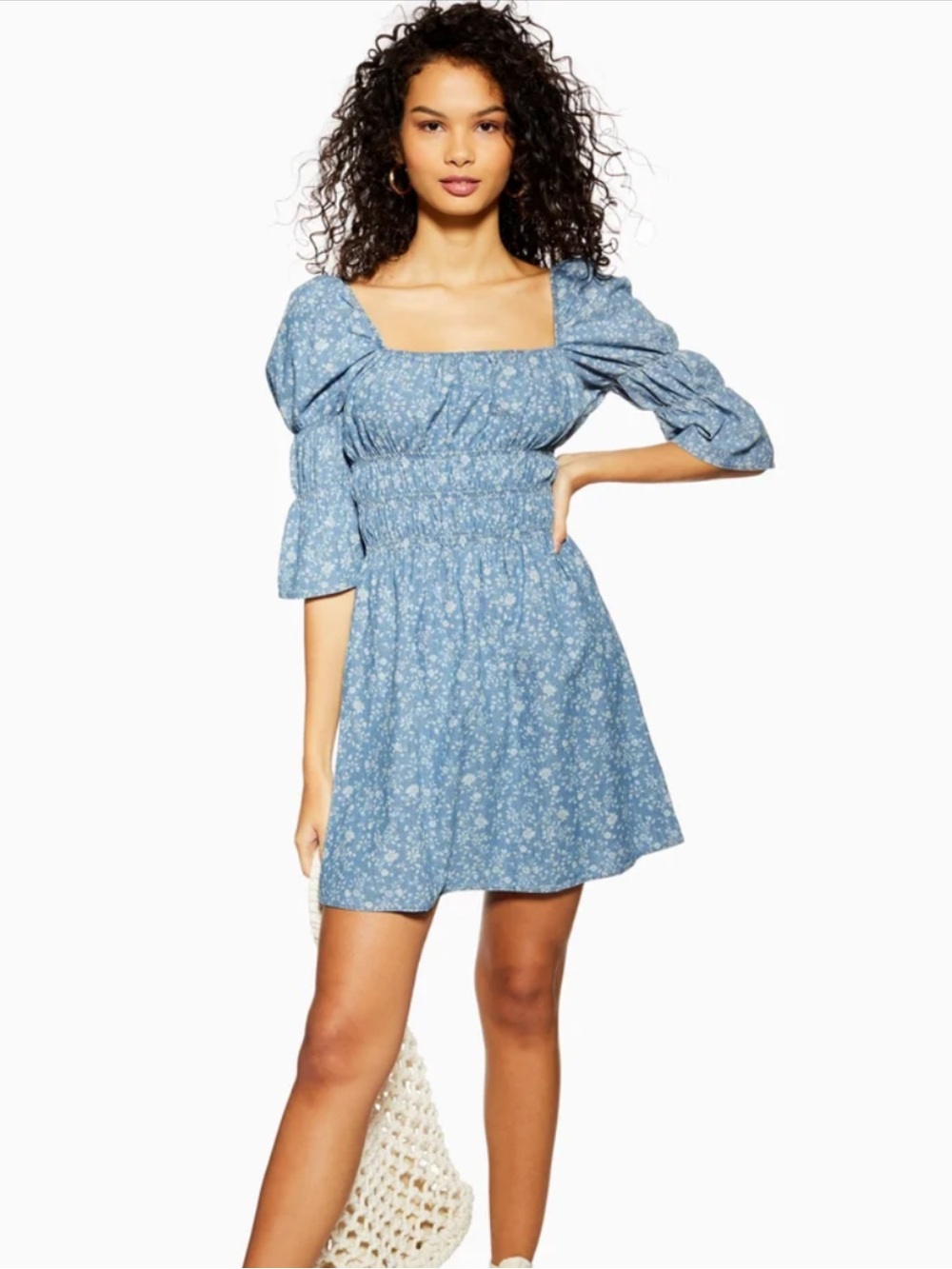 Topshop Shirred Floral Print Denim Dress